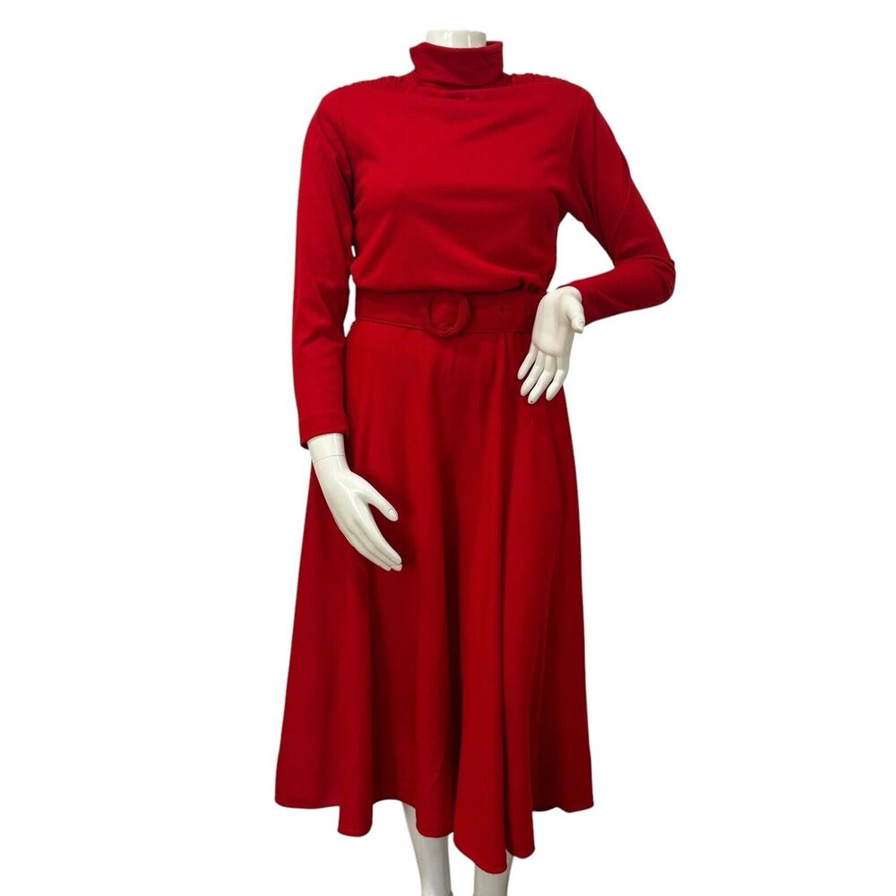 Vintage 80s Red Dress Women's 12 Belted Long